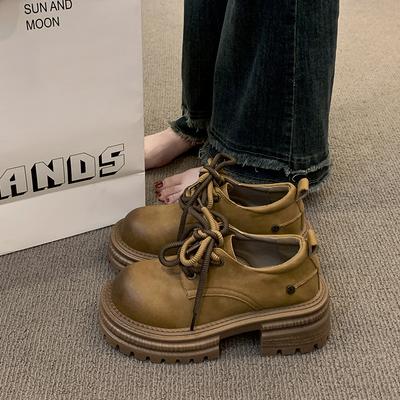 Новые кожаные туфли на толстой подошве, осень-зима 2024, женские кожаные туфли, универсальные, в британском стиле, с большой головой, женские, увеличивающие рост