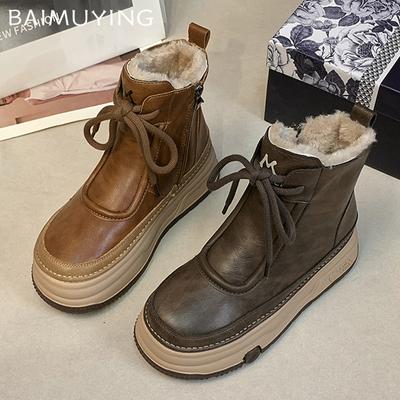 Женские зимние ботильоны на платформе, короткие, плюшевые, на среднем каблуке, хлопковые туфли, зима 2025, новый тренд, дизайнерские, на шнуровке, теплые, женские ботинки