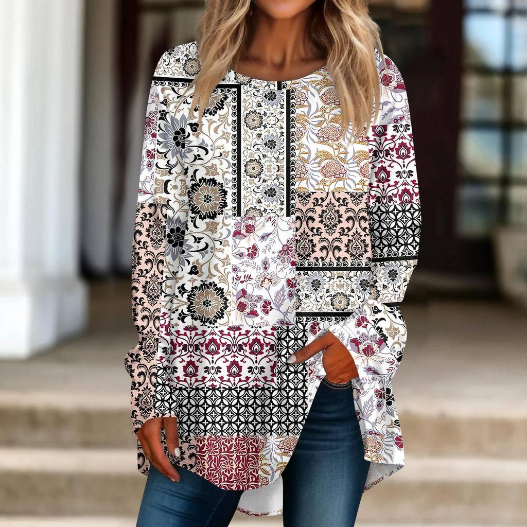 Женская повседневная футболка больших размеров с длинными рукавами и круглым принтом, верхний пуловер