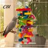 Parrot Teeth Grinding Toy Chewing for Macaws African Greys, Colorful Wooden Block Puzzle with Non-toxic Bird Cotton Tassels, Hanging Interactive