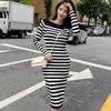 Модное осеннее сексуальное платье с длинным рукавом и вырезом-лодочкой, элегантное зимнее повседневное женское трикотажное платье в полоску, облегающее женское платье средней длины 25963