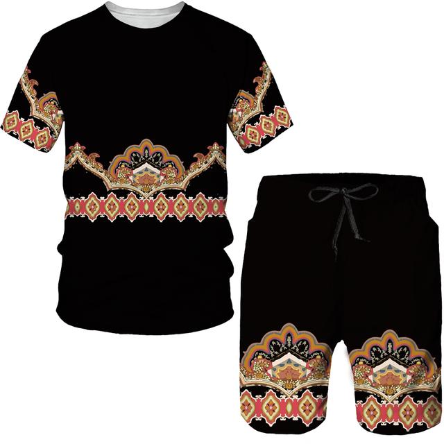 Мужские футболки и шорты, комплект, модный золотой узор, роскошный спортивный костюм с цветочным 3D принтом, повседневная уличная одежда, мужской костюм