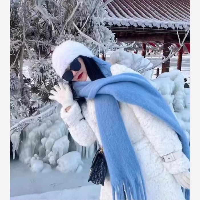 Haze Blue Zhimin Solid Color Scarf Mohair Tassel Scarf New Year's New Thickened Warm Shawl Women