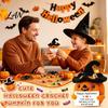 Festive Halloween Table Decoration Handmade Crochet Positive Pumpkin with Witch Hat, Fall Boo Basket Stuffer, Artisan Woolen Craft Mini Knitted Plush