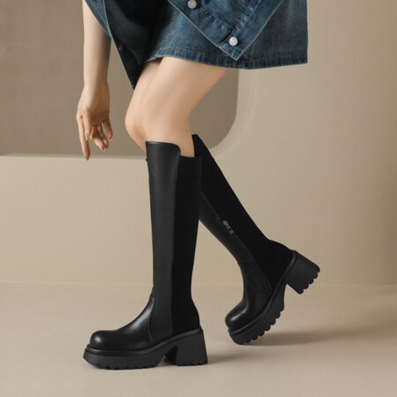 Корейская версия новых кожаных высоких сапог однотонные на высоком каблуке большого размера женские сапоги круглый носок толстая подошва боковая молния нескользящие ботинки Мартин