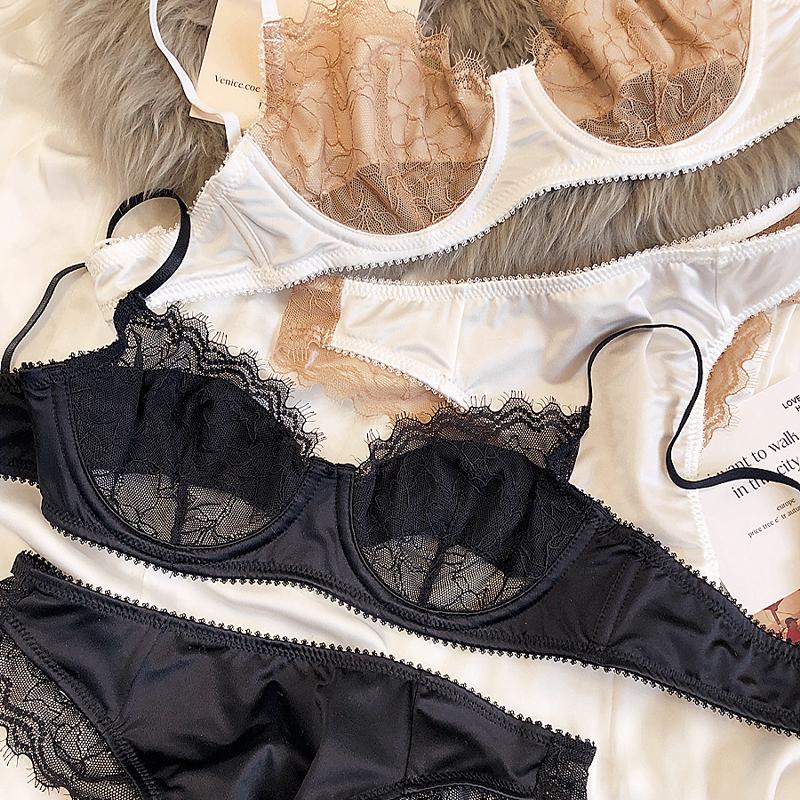 French Ultra Thin Lace Splicing Bra Set for Women Underwear Sexy Silk Breathable Bra and Panties Set Summer Comfortable Lingerie