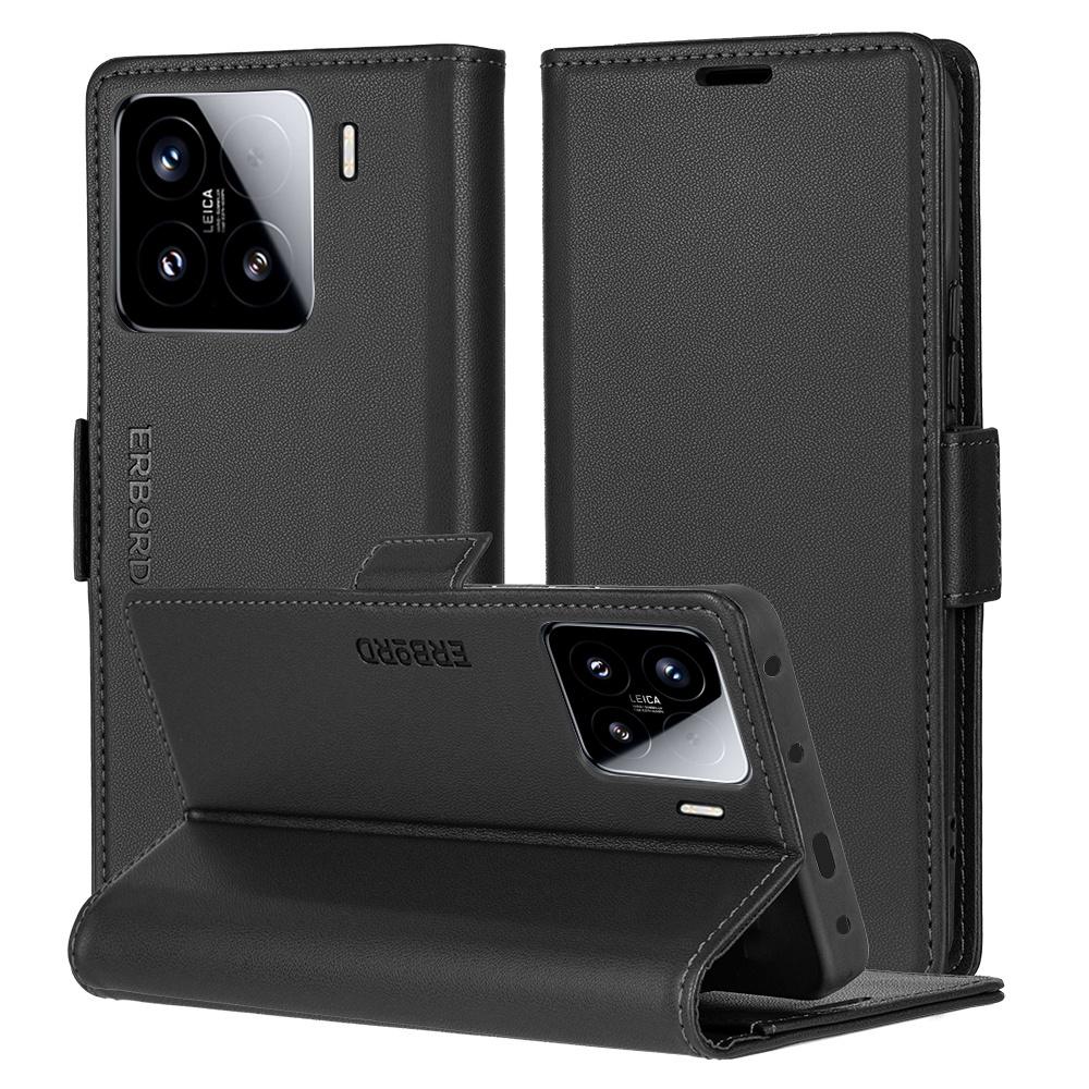 Xiaomi 15 Case, ERBORD Glossy Litchi, Wallet with Flap, Black