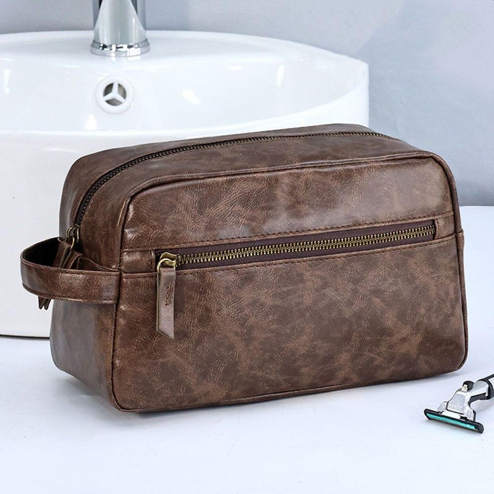 Handheld Cosmetic Storage Bag Multi Pocket Makeup Pouch Fashionable Men Leather Wash Bag Bathroom