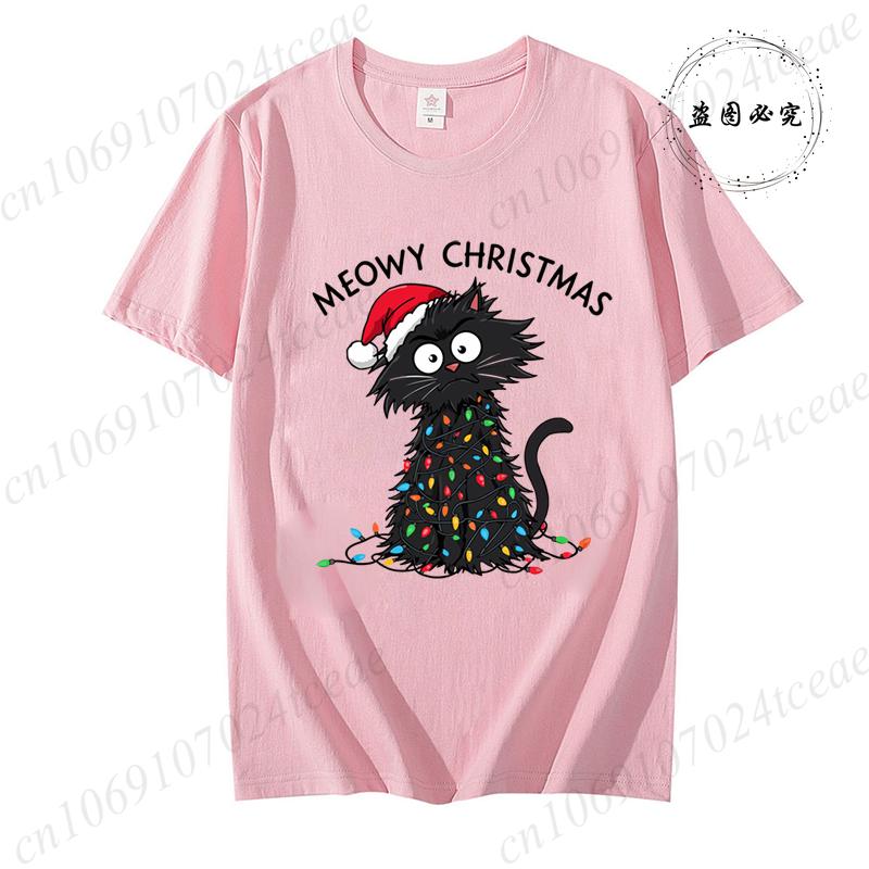 Women'S Casual Graphic T-Shirt - Meowy Christmas Print, Short Sleeve O Neck Top for Christmas Xmas T-Shirts Christmas Santa Tees