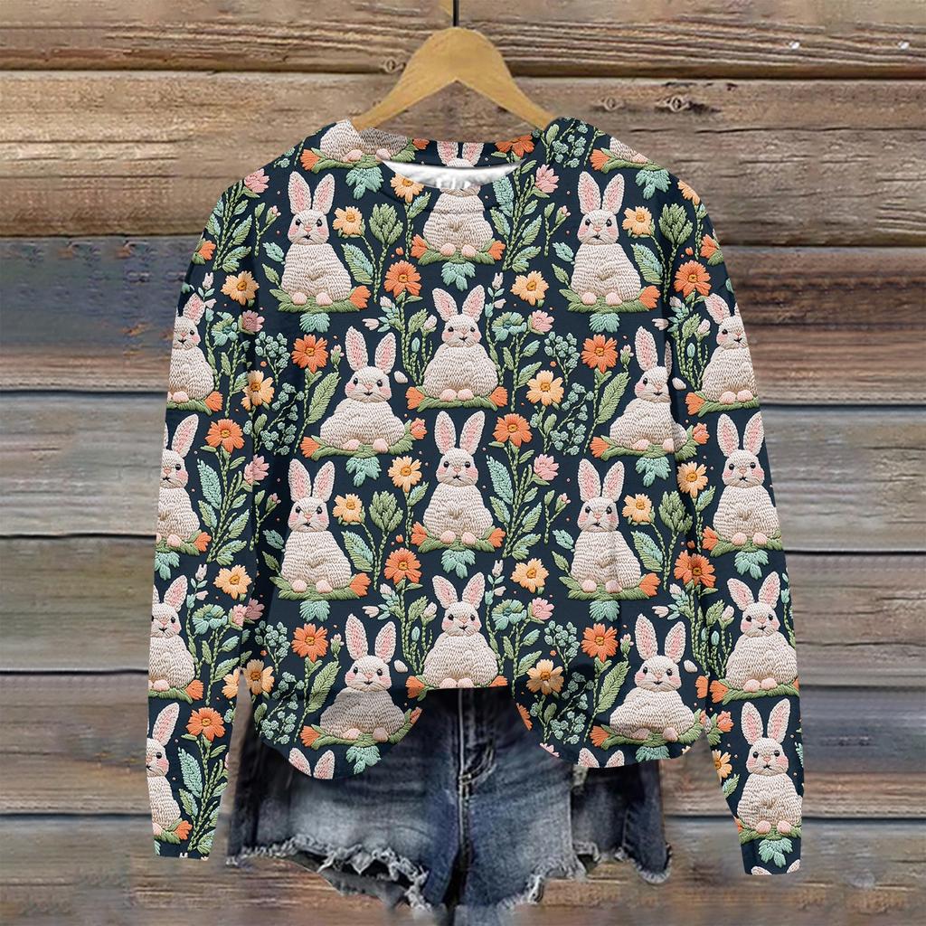 Женская мода Пасха Печатный Длинный рукав Свободный круглый вырез Толстовка Топ
