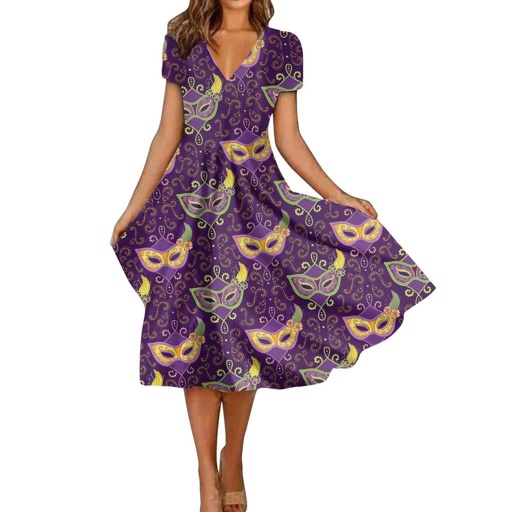 Women's Summer Casual Fashion Print Short Sleeve V-Neck Swing Dress