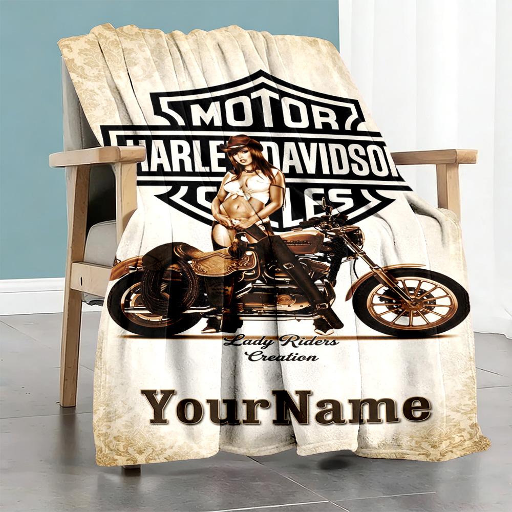 Harley-davidson Motorcycles Personalized Name Blanket Multi-purpose Customizable Blanket Comfortable Perfect for Nap Bed Living Room Sofa