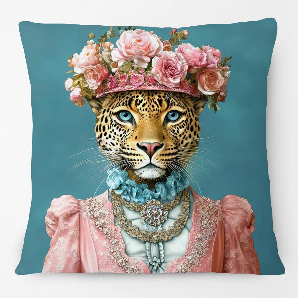 European Luxury Royal Court Leopard With Wreath Animals Portrait Painting Cushion Covers Sofa Pillowcase