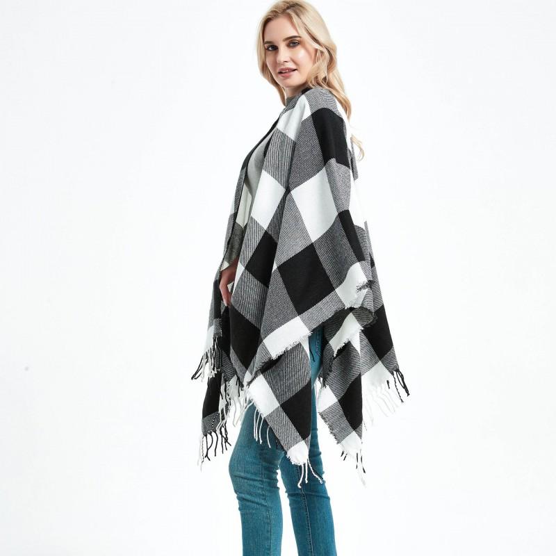 Womens Winter Knitted Shawl With Fringe Plaid Warm Faux Cashmere Wrap Scarf