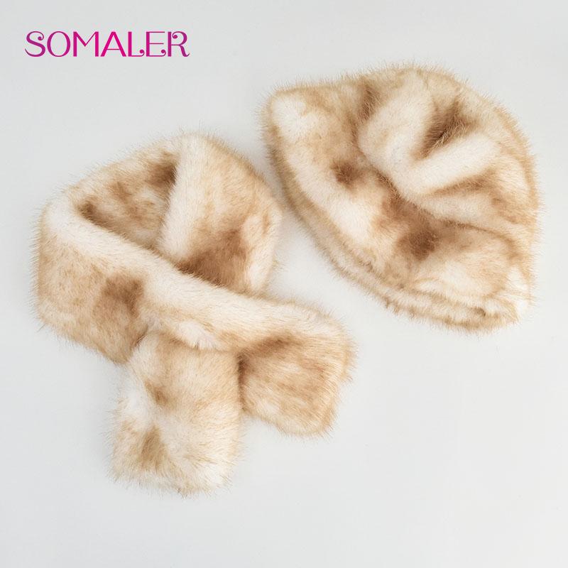SOMALER Зимняя шапка из искусственного меха, шарф, комплект для женщин и девочек, теплые красочные шапки-ведра с шарфами