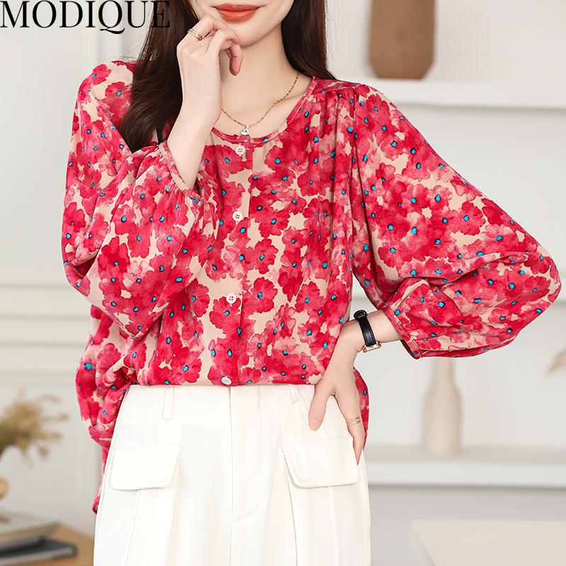 MODIQUE весна лето большие размеры женские свободные повседневные элегантные хлопковые льняные шифоновые блузки с цветочным принтом рубашки женские базовые с круглым вырезом пальто с пышными рукавами