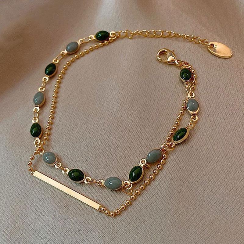 Women Charm Bracelets For Women Gold Color Beaded Chain Double Layered Adjustable Bracelet Jewelry Gift