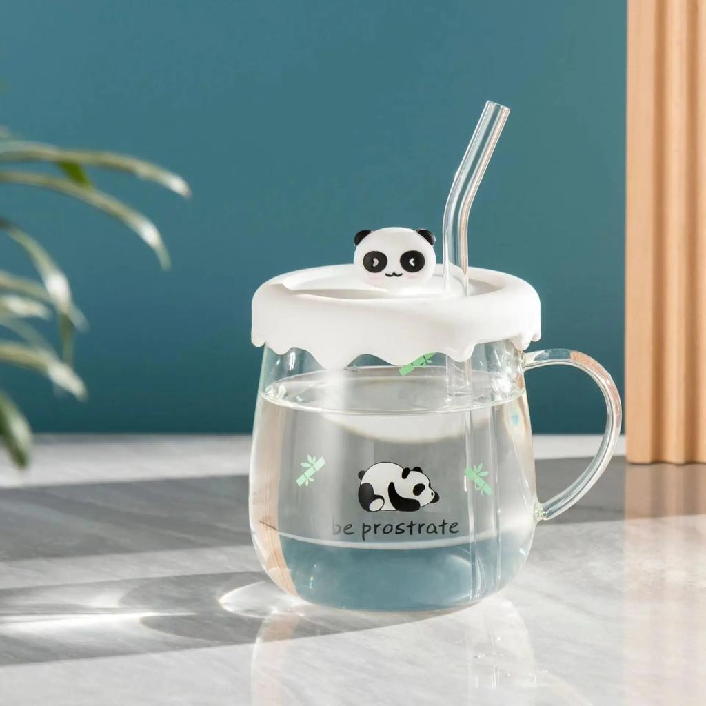 Kawaii Cups Милая стеклянная чашка в виде панды с соломенной крышкой Ложка Кофейная чашка для завтрака Пивная кружка Чашки и кружки Бесплатная доставка Питьевые стаканы