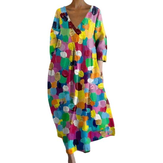 Женское летнее платье с длинными рукавами и круглым вырезом с принтом маслом Яркий цвет Глубокий V-образный вырез Свободное платье для отпуска Пляжное платье макси Ежедневное длинное платье