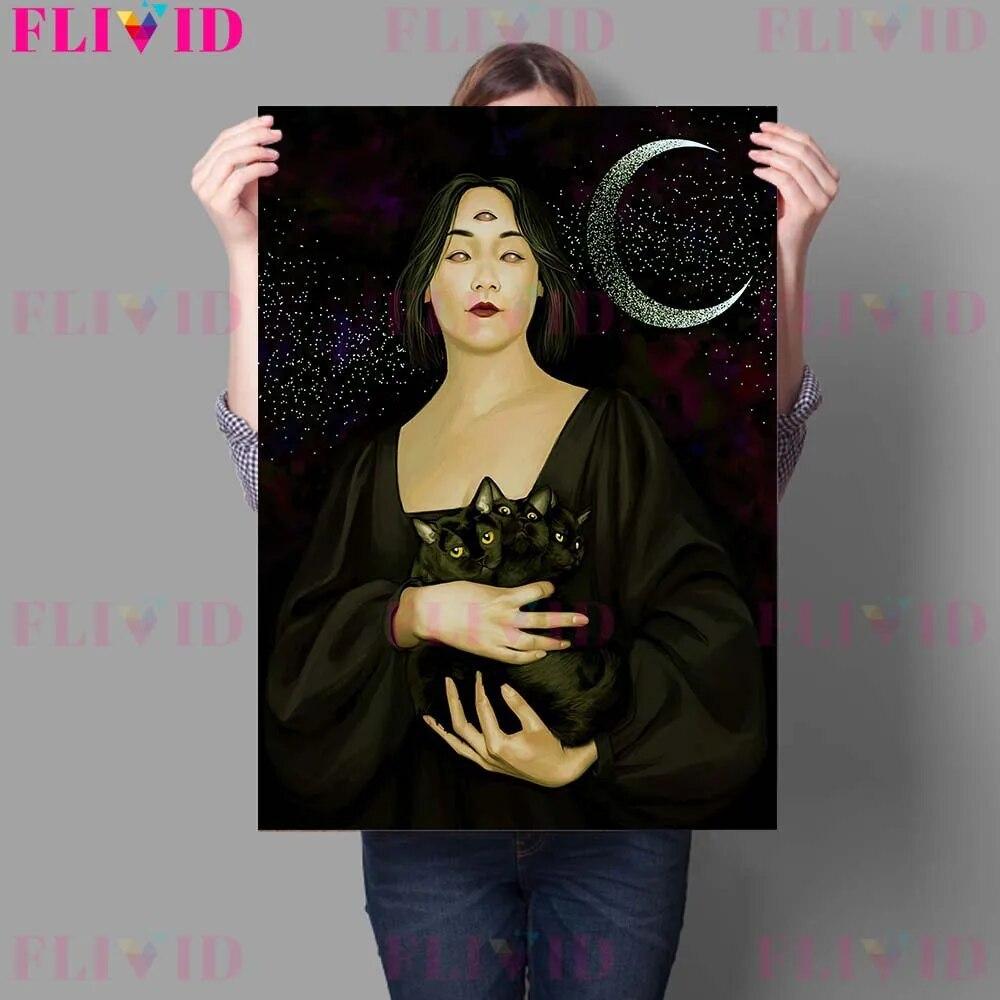 Cowled Witched And Blood Witch Wall Art Canvas Painting Swamp Witch,Blue Moon Art Poster And Print Home Decoration Unframed No Frame