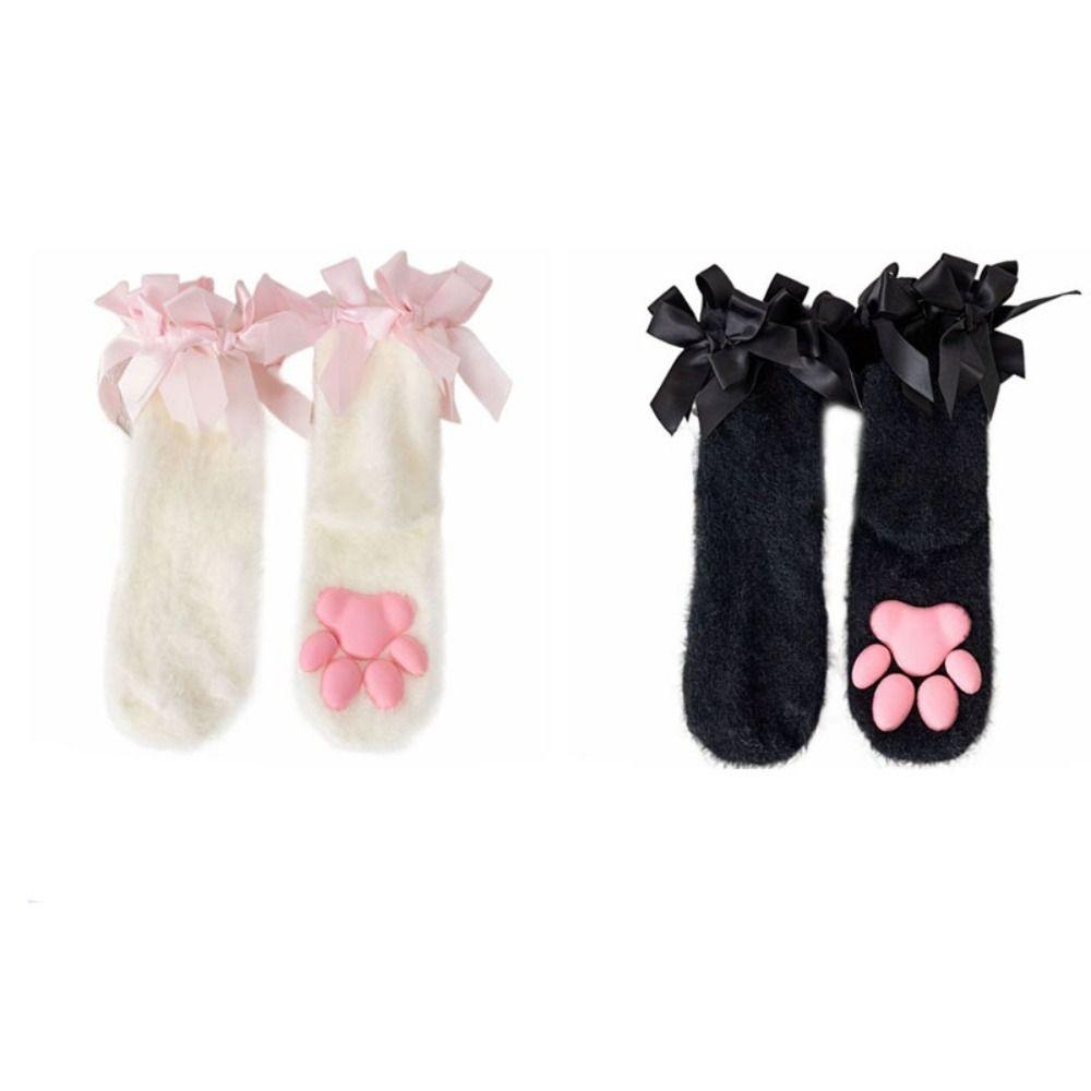 Coral Velvet Cat Paw Plush Socks Paw Pads Bowknot Warm Socks Y2k 3D Cat Paw Socks  Gift