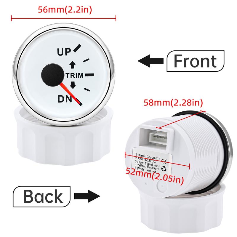 7 Color LED Backlight 52mm Trim Gauge 0-190ohm Trim Gauge Sensor For 12V 24V Car Boat Marine Boat Vehicles Up-Down Trim Meter
