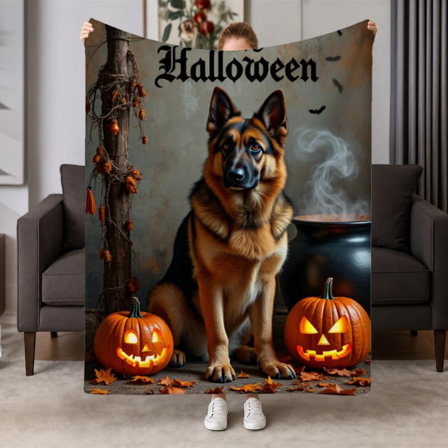 Cozy German Shepherd Halloween Flannel Throw Blanket - Soft And Warm with Spooky Pumpkins, Bats & Gothic Script, Ideal for Couch, Bed, Office & Travel
