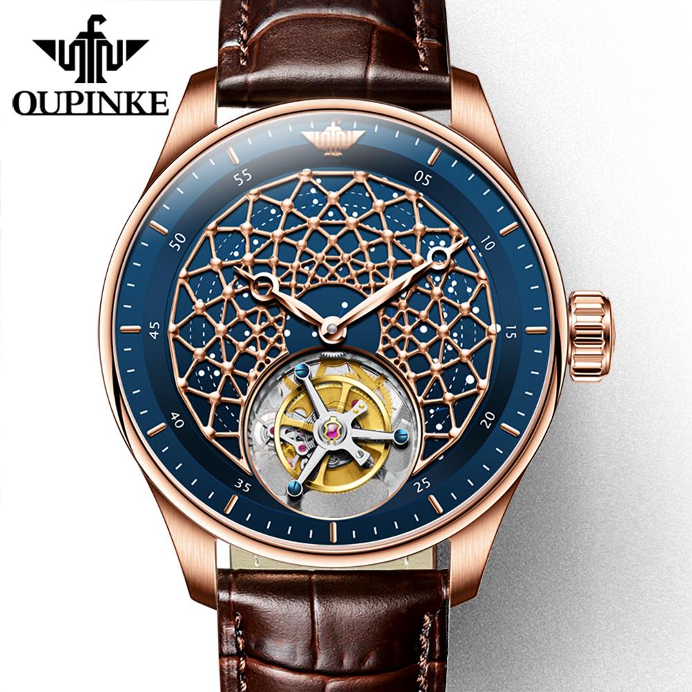 OUPINKE Мужские часы Турбийон Деловые механические часы Полые водонепроницаемые мужские часы