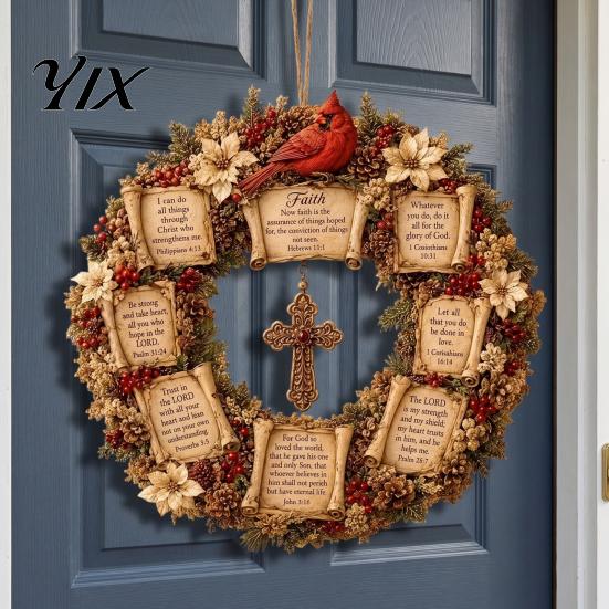 Christmas Cross Wreath Christian Bible Verse Wreath, Pine Cones Decor, Religious Pastoral Thanksgiving Gifts Scripture for Front Door Wall Decor