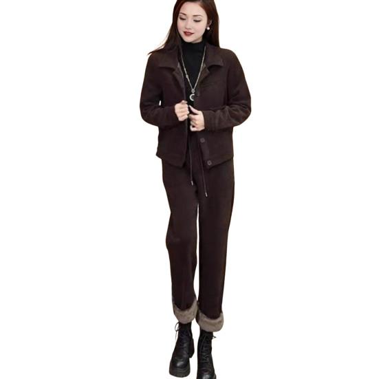 Комплект из 2 предметов: пальто и брюки, толстая плюшевая подкладка, однобортный пиджак с отложным воротником и длинными рукавами, эластичный пояс на завязках, зимний брючный костюм