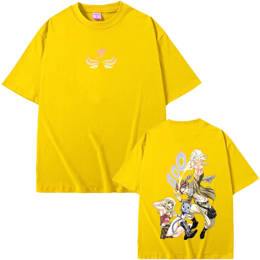 Anime Fairy Tail Lucy Natsu Dragneel Happy Fun Graphic Print Unisex Comic Vintage Loose‑Fit Streetwear T-shirt
