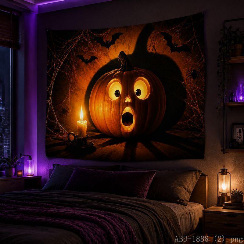 Halloween Tapestry Cute Surprised Pumpkin Bat Maple Leaf Spider Candle Gothic Style Bedroom Home Wall Hanging Decor Cloth