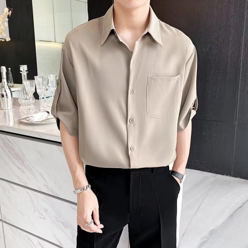 Ice Silk Short Sleeved Shirt For Men In Summer, Loose Plus Size Five Inch Sleeve Shirt, No Ironing And Wrinkle Resistance
