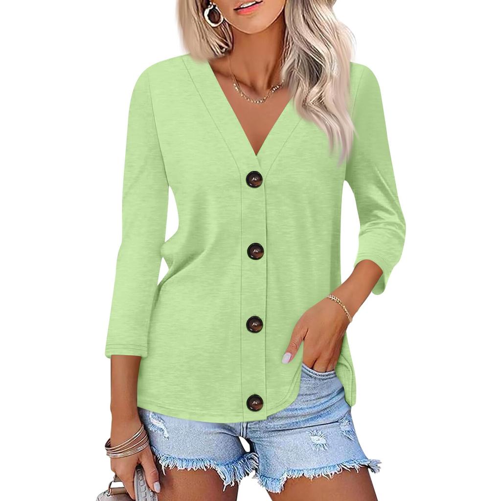 Women's Fashion Casual Print Button-down Shirt 3/4 Long Sleeve Tops
