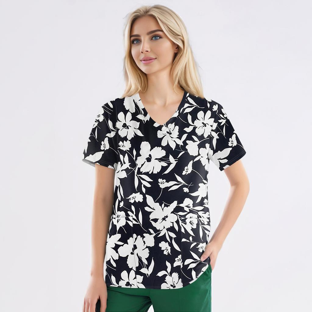 Рабочая форма больших размеров с принтом, топы для женщин, забавные футболки с v-образным вырезом и короткими рукавами, рабочая одежда, футболка с карманами
