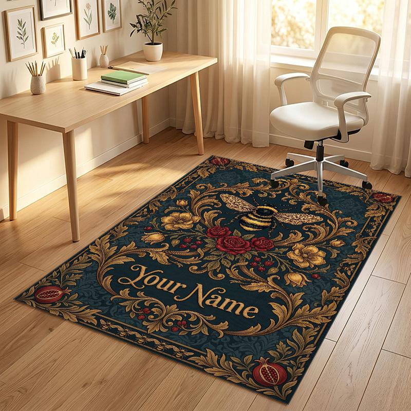 Bee Theme Soft Crystal Velvet Rug Custom Name & Text Print Non Slip Floor Rug for Bedroom Living Room