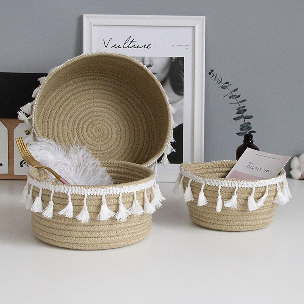 Винтажная хлопковая веревочная корзина для хранения с кисточкой, бытовая плетеная корзина для хранения, корзина для хранения с ручками и кисточкой