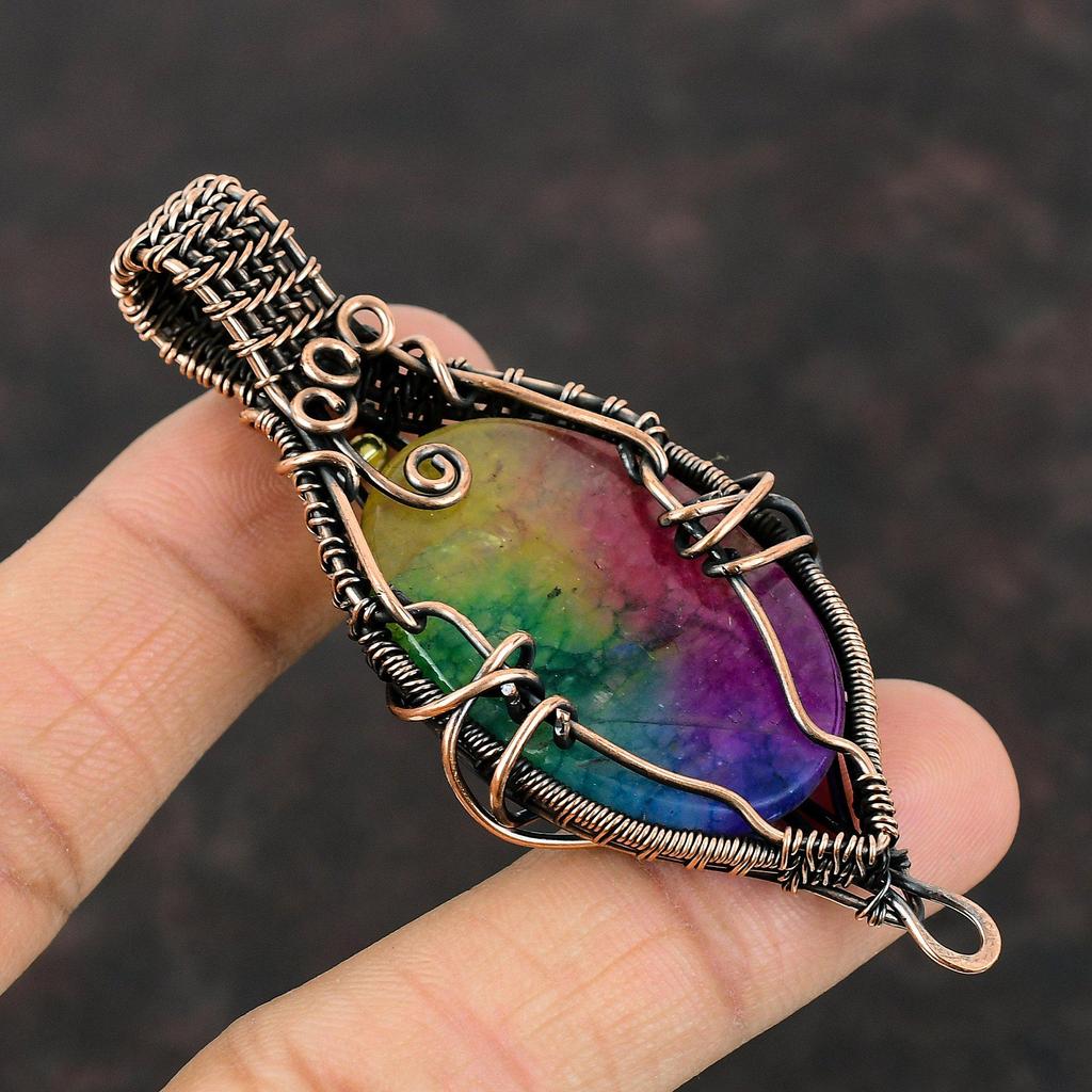 Rainbow Solar Quartz Druzy Pendant Copper Wire Wrapped Pendant Gemstone Jewelry Handmade Pendant Gift For Women Unique Copper Design Jewelry