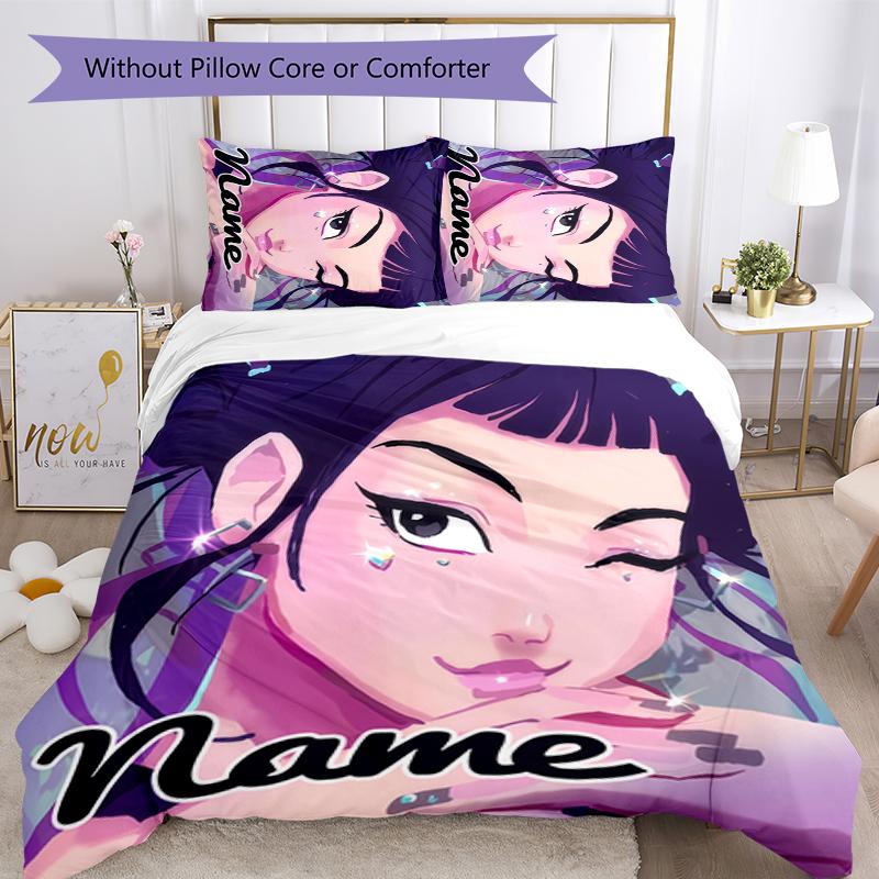 3pcs Custom Name Cartoon Kpop Demon Hunters Bedding Set Duvet Cover Closure Includes 1 Duvet Cover & 2 Pillowcases for All Seasons Bedroom Decor