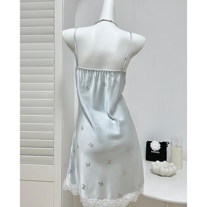 Silver butterfly fairy wind suspender nightdress pajamas with chest pad women spring and summer ice silk cool and comfortable loungewear