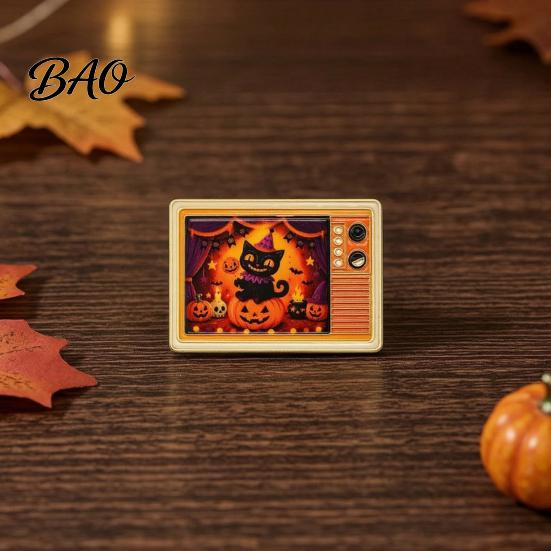 Spooky Pumpkin Badge Retro TV Brooch for Halloween, Ghost Black Cat Crow Cartoon Pin Badge, Holiday Lapel Sweaters Jackets Scarves Decoration