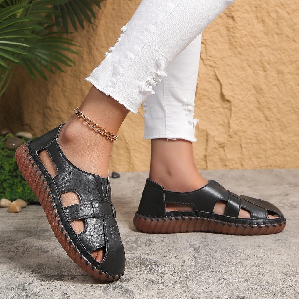 Summer New Soft Leather Beef Tendon Sole Seam Sandals Hollow Bag Head Hole Sandals Foreign Trade Large Size Spot Cool Single Shoes