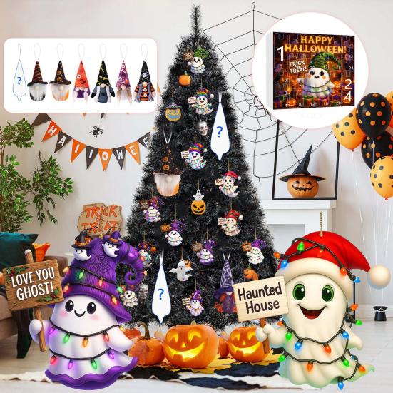 Хэллоуин Адвент-календарь 2025 24-дневный календарь обратного отсчета с акриловыми украшениями в виде призрака/гнома/тыквы для помещения