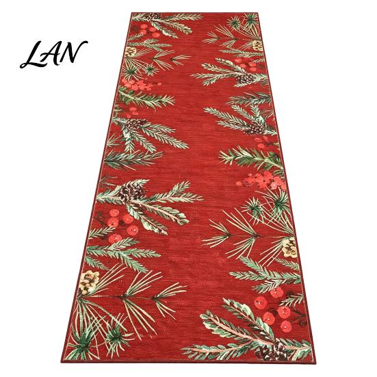 Hallway Runner Rug Christmas Rug, Watercolor Pine Branches Berries Pattern, Indoor Entryway Non Slip Kitchen Floor Mat 47.24"x15.75" for Holiday Home
