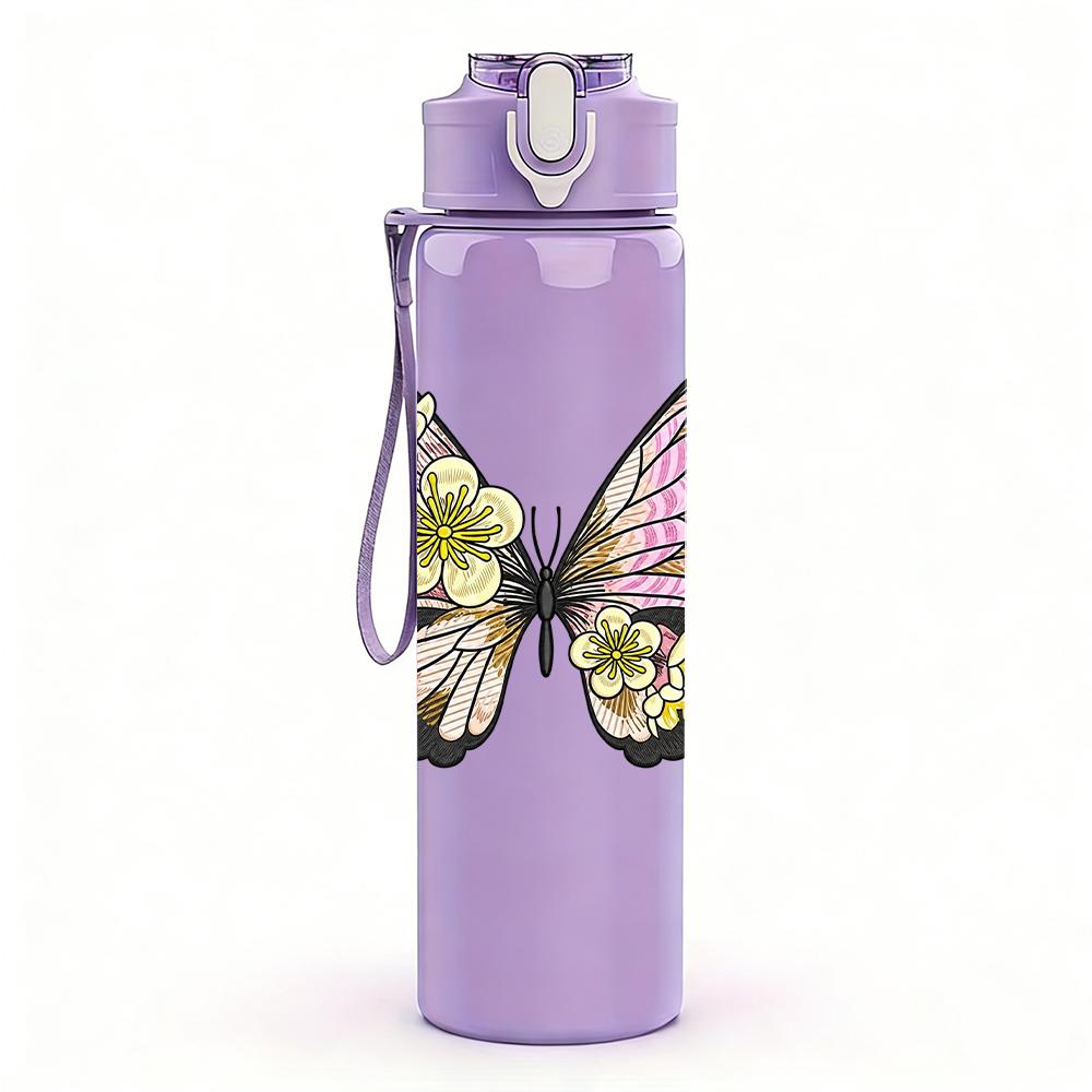 1PC Pastel Double Butterfly Floral Graphic,750ml Color Plastic Sports Water Bottle,Leakproof Flip Straw Lid,Suitable for Sports Office Home Use