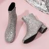 Women's Glitter Ankle Boots Sequin Sparkly Booties Chunky Block Heel Side Zipper Wedding Party Dress Shoes Square Toe Casual Fall Short Boot for Women