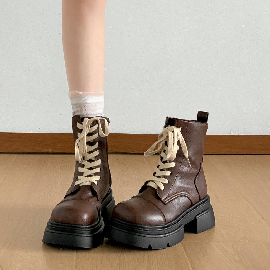 Retro Black Premium British Style Platform Martin Boots Women's 2025 New Summer with Skirt Casual Short Boots