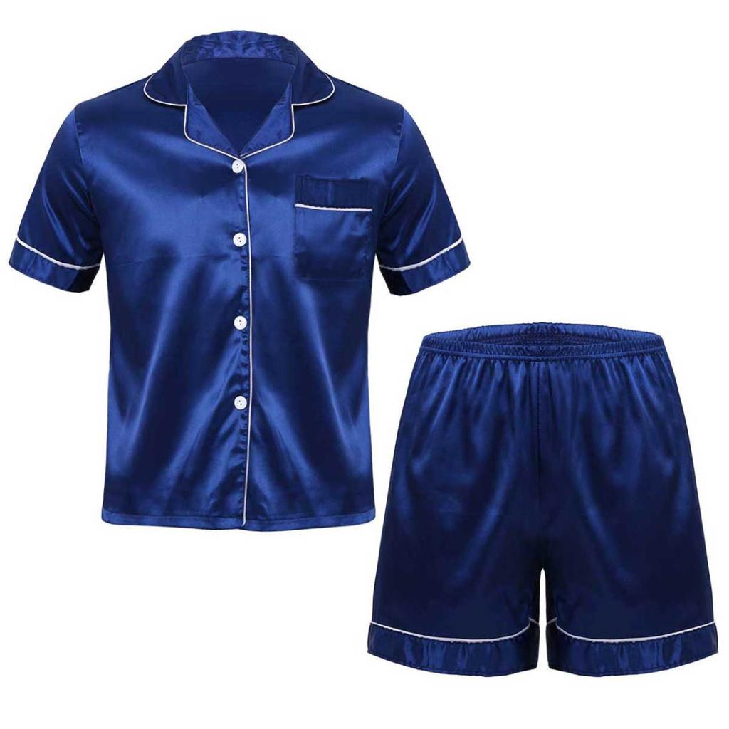 Men 2Pcs Silky Satin Pajamas Set Button Down Shirt Top with Boxer Shorts for Sleepwear Loungewear