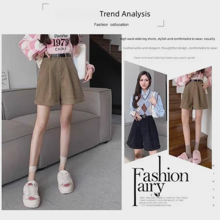 Женские коричневые вельветовые шорты с высокой талией — облегающий широкий А-силуэт, идеальный вариант для осени/зимы 2023 г.