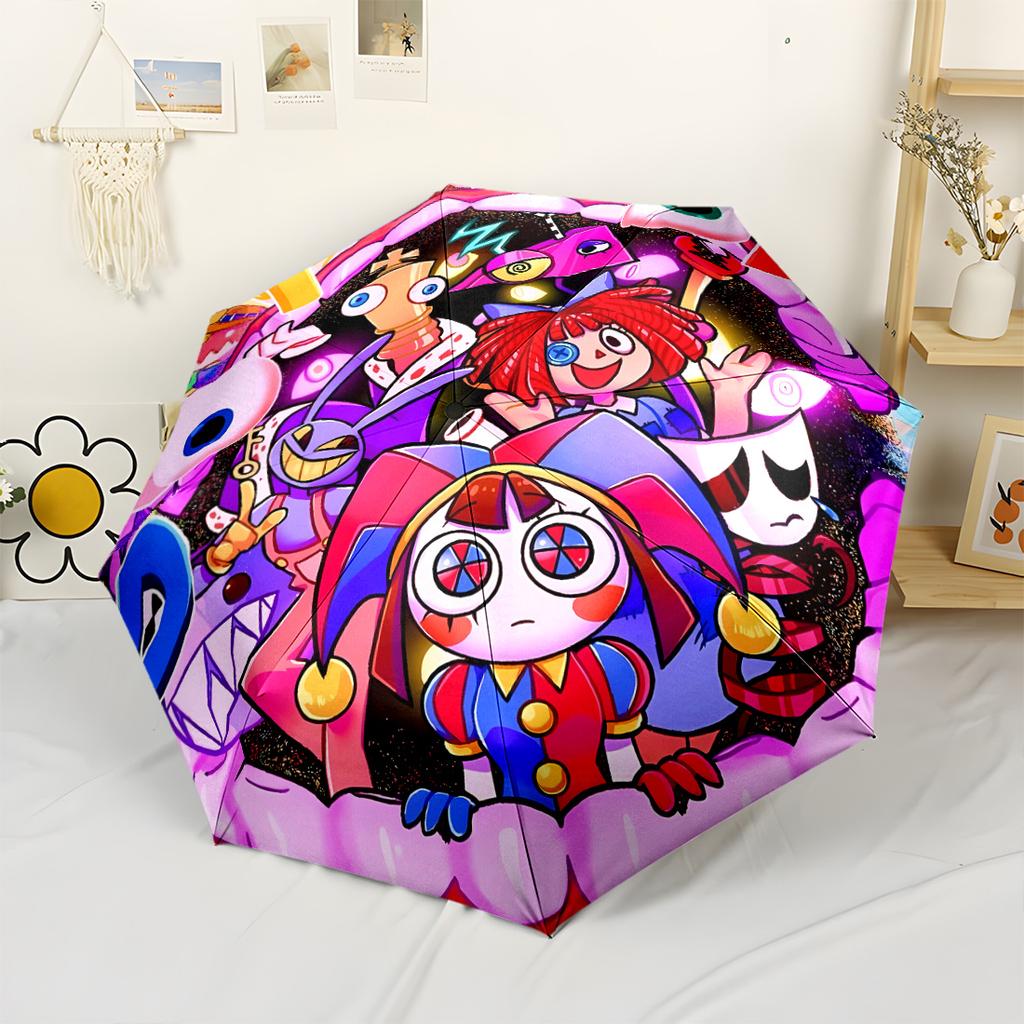 Pomni Cartoon Characters Compact Travel Automatic Umbrella with 8-Rib Durable All-Season Umbrella for Travel Fashion Lovers Wedding Party Gift